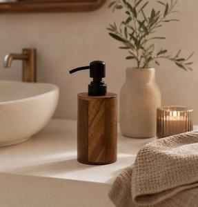 Juego de Dispensador de Jabón de Madera, Accesorios de Baño Redondos Minimalistas, Dos Piezas, Acabado en Madera Natural - Product Image 4