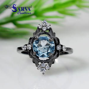 Natural Blue Topaz <b>Ring</b> with Cubic Zirconia Accents Handmade 925 Sterling <b>Silver</b> <b>Statement</b> Engagement <b>Ring</b> for Women - Product Image 1