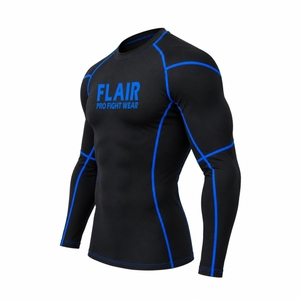 Flair <b>Men's</b> Long Sleeve Compression <b>Shirt</b> <b>Black</b> Blue Trim Quick Dry Sporty <b>Fit</b> O-Neck Knitted Polyester - Product Image 5