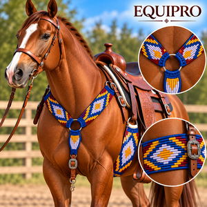Ensemble de sangle et de collier de poitrine pour cheval en cuir et laine EQUIPRO, bleu marine, motif diamant avec boucles Concho, modèle personnalisable - Product Image 3