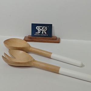 Premium Handmade Eco-Friendly Wooden Salad <b>Serving</b> Set with White Resin Handles Beech Wood Salad <b>Spoon</b> and Fork for Party Use - Product Image 2