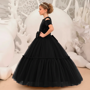 Robe de soirée de luxe pour enfants, en velours à sequins, broderie florale, robe noire pour mariage, communion et événements formels d'anniversaire - Product Image 3