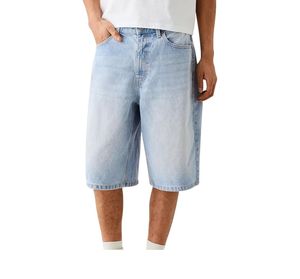 Shorts Bermuda en Coton Lavé Bleu Clair pour Homme, Taille Mi-Haute, Fermeture Boutonnée, Style Décontracté Couleur Unie - Product Image 3