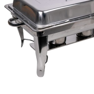 Plat à réchaud rectangulaire en métal argenté avec un cadre métallique robuste et des supports à double combustible, idéal pour les grands buffets et la restauration. - Product Image 5