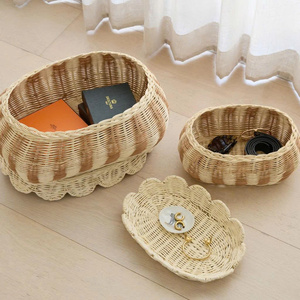 Two-Tone Scalloped Woven Kid Basket with Cover - Natural Rattan Nursery Storage Bin for Toys & Blankets - Product Image 4