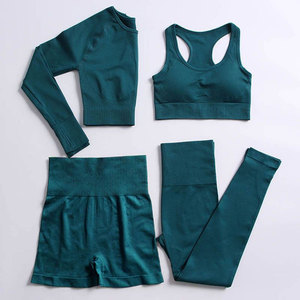 Ensemble de yoga 4 pièces Teal : Haut à col rond et manches longues, soutien-gorge de sport dos nageur, short taille haute et leggings côtelés anti-transpiration - Product Image 1