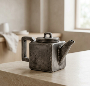Service à thé en métal de forme personnalisée, théière carrée avec couvercle, théière géométrique grise rustique - Product Image 1