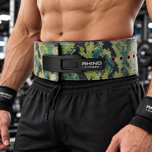 Cinturón de Levantamiento de Pesas Rhino Fitness de Cuero con Camuflaje, Soporte Lumbar Ajustable Envolvente, Protección Básica, Forro Rojo, para Adultos - Product Image 3