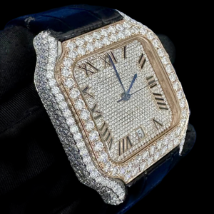 Montre-bracelet pour homme de qualité supérieure avec boîtier carré, cadran à chiffres romains, diamant moissanite, bracelet en cuir noir, fabrication artisanale - Product Image 5