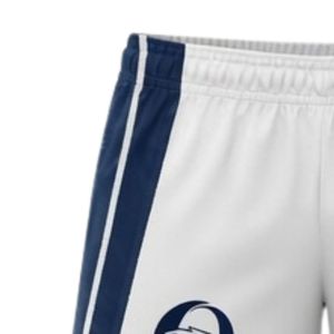 Shorts de netball unisexe blanc et bleu marine sublimés en polyester léger, uniforme de sport, vêtements d'entraînement athlétiques avec empiècements latéraux - Product Image 3