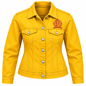 Chaqueta vaquera clásica roja para mujer PDK con emblema bordado de hermandad, construcción de mezclilla a medida, bolsillos con solapa en el pecho y botones. - Product Image 6