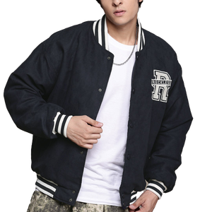 Reckless <b>Men's</b> Navy Varsity <b>Jacket</b> Embroidered Letter R Preppy Style Turn-down Collar Regular Fit Autumn Wear bomber embroidery - Product Image 1