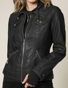 Chaqueta de cuero PU vintage para mujer, estilo casual con capucha, corte ajustado, color camel con efecto deslavado americano, ideal para otoño e invierno. - Product Image 2