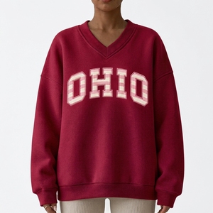 Premium <b>Women's</b> V Neck Sweatshirt Loose Silhouette Everyday Pullover <b>Top</b> Statement College Lettering Chest Detail - Product Image 1