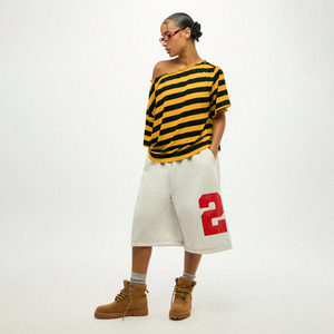 T-shirt rayé décontracté à manches courtes et épaules dénudées pour femme 2026, tricoté à la taille, ample, respirant, écologique, 100 % coton, été - Product Image 5