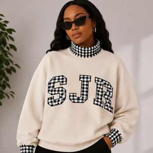 OEM Custom Logo Chenille Tackle Twill Applique Letter <b>Sweatshirt</b> Black <b>White</b> Checked Plaid Trim Collar Mockneck Sweater Oversize - Product Image 2