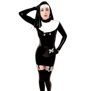 Robe mini sexy en latex noir, col haut, manches longues, coupe moulante avec décoration en cristal, tenue de soirée - Product Image 2