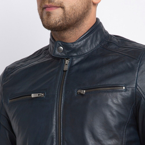 Men's Black Genuine Leather Bomber Jacket Stand Collar Zipper Closure Slim Fit Regular Length Winter Eco-friendly <b>Fur</b> <b>Trim</b> Front - Product Image 5