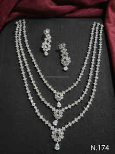 Tripel Layer Design American Diamond <b>Silver</b> Plated Long <b>Studded</b> Necklace With Matching Flower <b>Earring</b> Jewellery <b>Set</b> for Women - Product Image 3