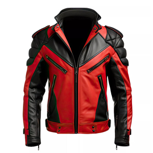 Blouson de moto en cuir PU rouge et noir pour homme, style motard, col montant, fermeture éclair, coupe ajustée, longueur standard, coupe-vent - Product Image 1