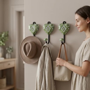 Handmade Ceramic Heart Wall Hook With Green Pattern Single Hook For <b>Clothing</b> Vintage Style - Product Image 3