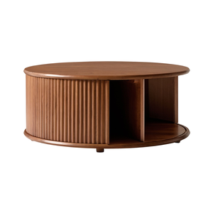 Mesa de Centro Redonda de Madera de Teca Sólida de Estilo Japonés de Lujo con Puerta Corredera Tambour y Almacenamiento Oculto para Muebles de Sala de Estar - Product Image 2