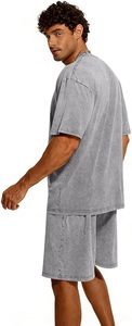 Men's Acid Wash Short <b>Sets</b> Cotton 2 Piece Outfits Tracksuit Summer Oversized Vintage Matching Shirt And Shorts <b>Set</b> - Product Image 3