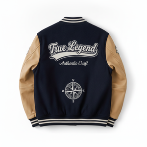 ELIOT BRGS. Men's Navy Varsity <b>Jacket</b> With Tan Sleeves Embroidered Patch Design Vintage Style Autumn Wear - Product Image 3