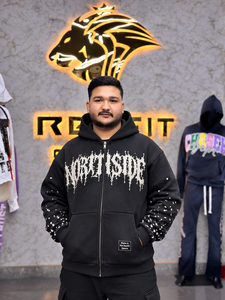 Custom <b>Zip</b> <b>Up</b> Hoodie <b>Men</b> Graphic Print Streetwear Oversized <b>Fleece</b> Sweatshirt Rhinestone Sleeve Custom Label Winter Wear Top - Product Image 1
