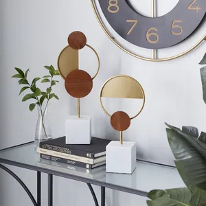 Ensemble de sculptures géométriques modernes 2 pièces en laiton avec base en bois et marbre, décoration artistique de table, design minimaliste, décoration de salon - Product Image 4