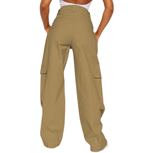 Pantalon baggy pour femme en toile de coton, coupe droite, style utilitaire minimaliste, couleur camel kaki, coupe décontractée, coutures renforcées, pour l'extérieur - Product Image 2