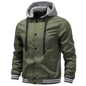 Blouson bomber à capuche vert olive pour homme, coupe classique, coupe-vent, couleur unie, 100% laine, logo sur le devant, vêtement d'automne - Product Image 1