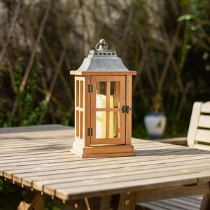 Outdoor Wooden <b>Lantern</b> <b>Set</b> Decorative Candle Holder <b>Lantern</b> with Glass Panels Rustic Garden and Patio Decor - Product Image 1