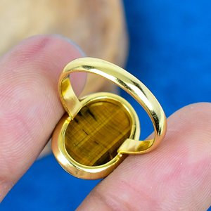 Handmade Natural <b>Tiger</b> <b>Eye</b> Oval Gemstone <b>Ring</b> Gold Micron Over 925 Sterling Silver - Product Image 4