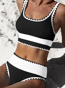 Women's Black White Floral Contrast Binding Tankini Set Scoop Neck <b>Crop</b> <b>Top</b> Skirt Two Piece Stretch High Waist Breathable - Product Image 5
