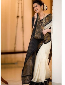 Sari Tradicional KV de Seda Kanjivaram Negra Tejida de Banarasi con Blusa Sin Coser para Fiesta - Product Image 3