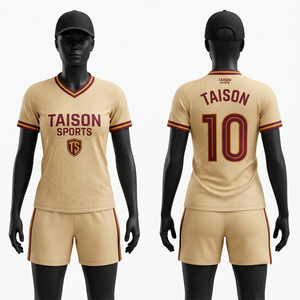 Maillot de football pour homme en polyester interlock premium 140g, manches courtes, beige et bordeaux, sublimation, logo personnalisé, kit de football d'équipe OEM - Product Image 1