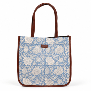 Bolsa de Mano con Estampado Floral Azul y Blanco para Mujer, con Asas Marrones, Bolsa de Compras Grande para Uso Diario - Product Image 2