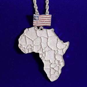 <b>Iced</b> <b>Out</b> Africa Map Pendant with Flag Bail Full Diamond CZ Continent Necklace Silver Rope <b>Chain</b> Hip Hop Jewelry - Product Image 1