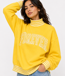 Sweat-shirt à col roulé pour femme, personnalisé OEM, en coton respirant, patchwork à pois et carreaux, grande taille, décontracté - Product Image 1