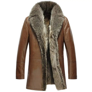 Manteau d'hiver imperméable en cuir véritable pour hommes grandes tailles, à manches longues, avec ceinture et bordure en fourrure, vêtements d'extérieur décontractés, streetwear - Product Image 1