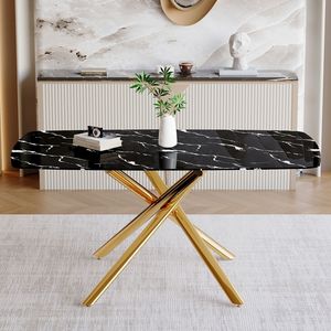 Lussuoso Tavolo da Pranzo in Vetro Temperato Effetto Marmo Nero 160x90 cm con Gambe in Metallo Dorato a Forcella Singola - Product Image 3