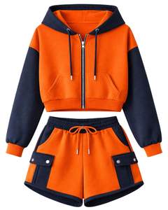 Ensemble décontracté deux pièces pour femme, comprenant un sweat à capuche court zippé et un short cargo, bicolore orange et bleu marine, en polyester et coton, vente en gros - Product Image 1