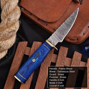 Cuchillo utilitario EDC de hoja fija de 8 pulgadas de acero de Damasco de grado industrial con punta caída y filo recto, mango de madera azul, de UA Supplies - Product Image 6