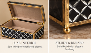 <b>Black</b> Geometric Glass Jewelry Storage Box Set with Gold Metal Frame Patterned Finish Soft Lining Decorative Keepsake Organizer - Product Image 2