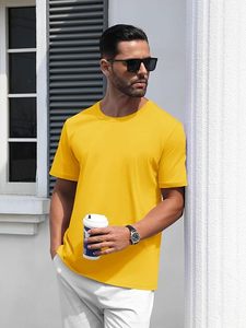 T-shirt en coton jaune pour homme, manches courtes, col rond, coupe classique, couleur unie, jersey décontracté, tricoté, teint uni - Product Image 4