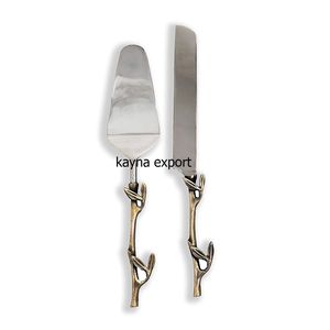 Juego de espátulas para pastel chapadas en oro con mango de flor, cuchara y cuchillo para servir en bodas, metal duradero, mango largo, acabado espejo - Product Image 4