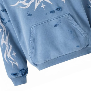 Sweat à capuche oversize déchiré pour hommes et femmes, imprimé étoiles bleues, effet délavé, style streetwear - Product Image 5