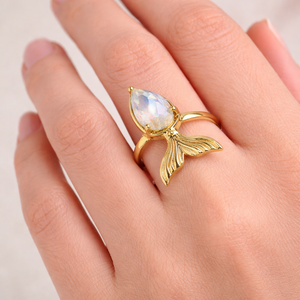 Moku Jewellery Brass <b>Ring</b> Rainbow Moonstone Pear Shape Prong Set Gemstone Fixed Size Mermaid Tail Glam <b>Statement</b> Handmade Women - Product Image 3