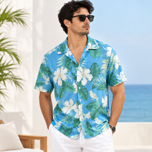 Island Style <b>Mens</b> Camp Collar <b>Shirt</b> 100% Cotton Flex Tropical Floral Print Short Sleeve Casual <b>Beach</b> Wear Summer Resort Holidays - Product Image 3